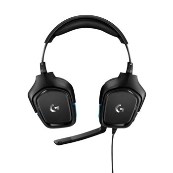 Logitech 981000769 gaming headset with padded ear cups, adjustable headband, attached microphone, and blue accent lighting - Front View