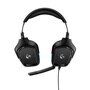 Logitech 981000769 gaming headset with padded ear cups, adjustable headband, attached microphone, and blue accent lighting - Front View