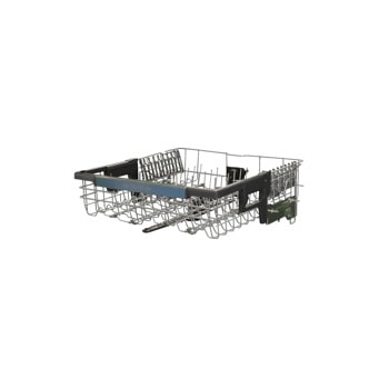 LG AHB73129205 Dishwasher upper rack with adjustable tines and blue handle trim - Interior Component Close-Up