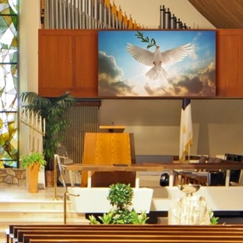 Church interior with stained glass, organ pipes, and a digital screen showing a dove with an olive branch.1