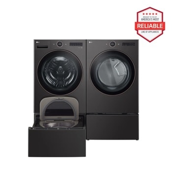 5.0 cu. ft. Front Load Washer and 7.4 cu. ft. Gas Dryer with pedestal washer and drawer in Black Steel WM6500HBA_DLGX6501B_WD300CB_WDP6B
