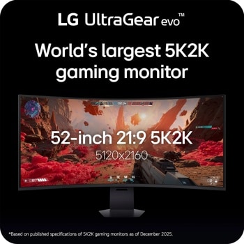 LG 52G930B-B 52-Inch UltraGear evo 5K2K gaming monitor displaying gameplay with 5120x2160 resolution - Front View