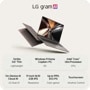 LG gram AI 17Z90UB-H-AU99U3 laptop infographic showing 3.4 lbs lightweight design, Windows 11 Home Copilot+ PC, Intel Core Ultra Processor, On-Device AI Cloud AI, 17-inch 16:10 2.5K IPS resolution, Up to 99% DCI-P3 color gamut, and touchscreen with intuitive control
