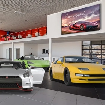 Showroom with red, silver, green, and yellow sports cars and a digital sign reading "Empowerment."1