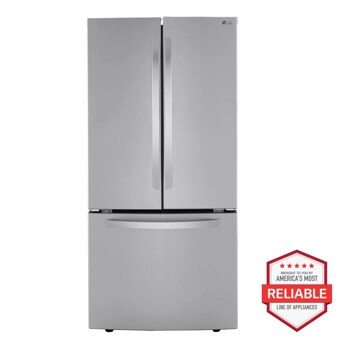 Front view of the 25 cu. ft. French Door Refrigerator - LRFCS25D3S. Includes a graphic logo that says, Brought to you by America’s Most Reliable Line of Appliances.