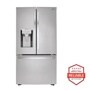 Front view of the 24 cu. ft. Smart French Door Counter-Depth Refrigerator - LRFXC2406S. Includes a graphic logo that says, Brought to you by America’s Most Reliable Line of Appliances.