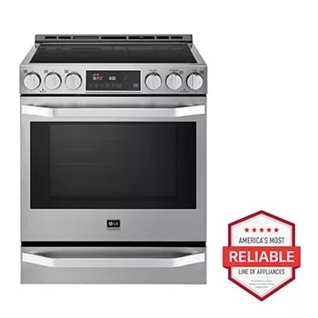 Front view of the LG STUDIO 6.3 cu. ft. Induction Slide-in Range with ProBake Convection® and EasyClean® - LSIS3018SS. Includes a graphic logo that says, Brought to you by America's Most Reliable Line of Appliances.1
