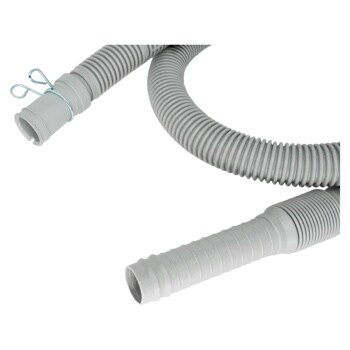 Washer drain hose AGF04127478 with metal clamp connector and ribbed flexible gray tubing - Close-Up