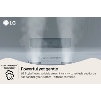 LG SC5MAR4G Styler Dual TrueSteam Technology infographic showing variable steam intensity to refresh, deodorize and sanitize clothes without chemicals