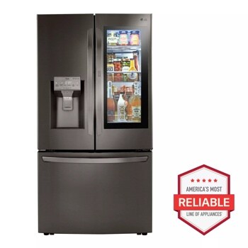 Front view of the 24 cu. ft. Smart wi-fi Enabled InstaView™ Door-in-Door® Counter-Depth Refrigerator with Craft Ice™ Maker - LRFVC2406D. Includes a graphic logo that says, Brought to you by America’s Most Reliable Line of Appliances.