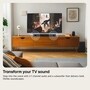 S30A Soundbar infographic showing 2.1 channel audio with subwoofer delivering bold lifelike soundscapes in modern living room