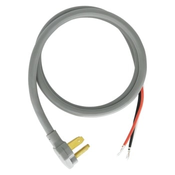 Laundry accessories power cord with grey plug and exposed red and black wires.