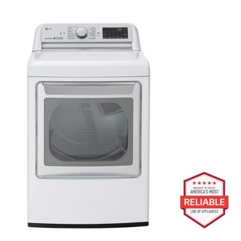 Front view of the 7.3 cu.ft. Smart wi-fi Enabled Electric Dryer with TurboSteam™ - DLEX7800WE. Includes a graphic logo that says, Brought to you by America’s Most Reliable Line of Appliances.
