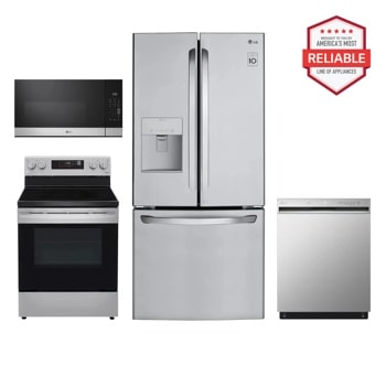 LG LFDS22520S LREL6321S MVEM1621Y LDFN3432T kitchen package with America's Most Reliable badge Front View1
