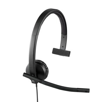 Logitech 981000570 mono headset with adjustable microphone boom and padded earpiece for computer use - Side View