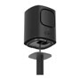 FS-M72 audio speaker mounted on black stand showing power button and connection ports with fabric mesh side panel