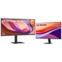 LG 34U650A-B UltraWide Monitor and LG 27U411A-B Monitor with colorful displays on stands - Front View