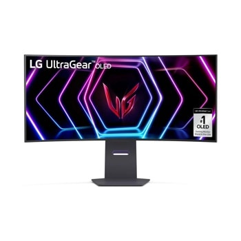LG 39GS95QE-B 39-Inch UltraGear OLED Gaming Monitor with curved display showing gaming graphics and #1 OLED Gaming Monitor Brand badge - Front View1