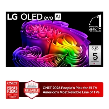 77-Inch LG OLED evo AI G6 4K OLED TV OLED77G6WUA with Worlds No. 1 OLED TV for 13 Years badge and Premium OLED G6 5 Year Limited Panel Warranty badge - Front View CNET 2026 Peoples Pick for #1 TV Americas Most Reliable Line of TVs1