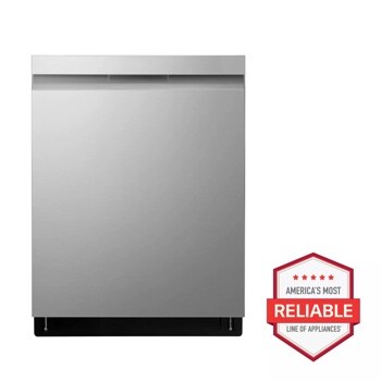 Front view of the Top Control Smart wi-fi Enabled Dishwasher with QuadWash™ and TrueSteam® - LDP6810SS. Includes a graphic logo that says, Brought to you by America’s Most Reliable Line of Appliances.
