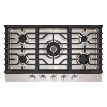 CBGU3639X Gas Cooktop with five burners featuring stainless steel surface, black grates, and control knobs - Top-Down View