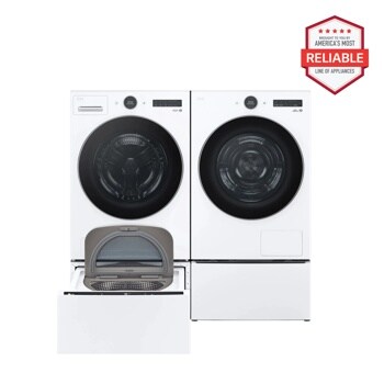“America’s Most Reliable Line of Home Appliances” badge. White Electric LG Front Load washer, dryer and SideKick Pedestal Washer.