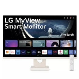 Front view of the 27 Inch LG MyView (27SR50F-W) White Smart Monitor with 4K UHD resolution and webOS