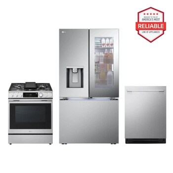 LG LRYKC2606S LSGL6337X LDNTH753S kitchen package with gas range, refrigerator, and dishwasher, America's Most Reliable line of appliances Front View