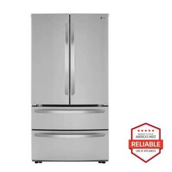 Front view of the 23 cu. ft. French Door Counter-Depth Refrigerator - LMWC23626S. Includes a graphic logo that says, Brought to you by America’s Most Reliable Line of Appliances.