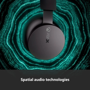 Xbox TLL00020 wireless headset with glowing teal spatial audio waves surrounding the ear cup, showcasing spatial audio technologies