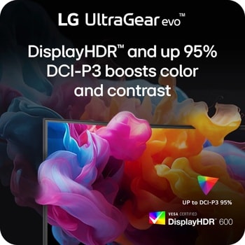 LG UltraGear evo 52G930B-B monitor infographic showing DisplayHDR and up 95% DCI-P3 boosts color and contrast with vibrant color display