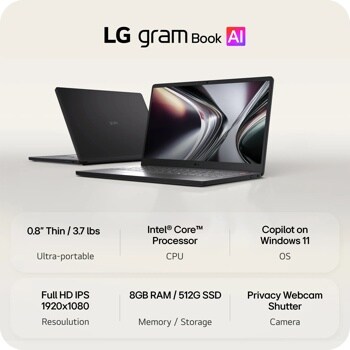 LG gram Book AI 15U50U-H_AR55U1 Laptop infographic showing ultra-portable design with Intel Core Processor, Copilot on Windows 11, Full HD IPS display, 8GB RAM, 512G SSD, and Privacy Webcam Shutter