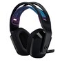 Logitech 981000971 gaming headset with black ear cushions, adjustable purple and blue patterned headband, and detachable microphone