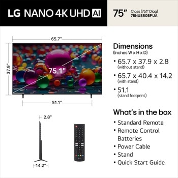 75-Inch LG NANO 4K UHD AI TV 75NU850BPUA Dimensions and Box Contents - Front View with Stand