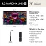75-Inch LG NANO 4K UHD AI TV 75NU850BPUA Dimensions and Box Contents - Front View with Stand