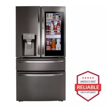 Front view of the 30 cu. ft. Smart wi-fi Enabled InstaView™ Door-in-Door® Refrigerator with Craft Ice™ Maker - LRMVS3006D. Includes a graphic logo that says, Brought to you by America’s Most Reliable Line of Appliances.