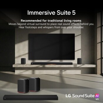 M5-P2_H7 Soundbar Immersive Suite 5 system with multiple speakers creating surround sound for traditional living rooms