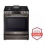 Front view of the 6.3 cu ft. Smart Wi-Fi Enabled ProBake Convection® InstaView™ Gas Slide-in Range with Air Fry - LSGL6337D. Includes a graphic logo that says, Brought to you by America’s Most Reliable Line of Appliances.