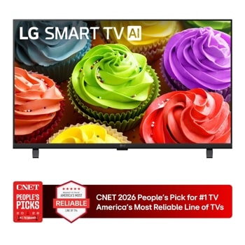 LG Smart TV 32LB650BPUA displaying colorful cupcakes with CNET 2026 People's Pick for #1 TV Brand and America's Most Reliable Line of TVs badges1