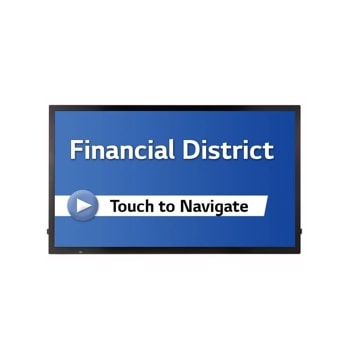 A digital touchscreen display reading "Financial District" with a "Touch to Navigate" prompt.1