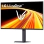 LG 32G650B-B UltraGear Gaming Monitor with stand displaying vibrant motion graphics - Front View