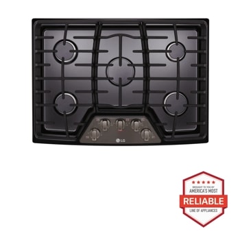 Front view of the 30" Gas Cooktop with SuperBoil™ - LCG3011BD. Includes a graphic logo that says, Brought to you by America's Most Reliable Line of Appliances.1