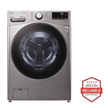Front view of the 4.5 cu. ft. Ultra Large Capacity Smart wi-fi Enabled Front Load Washer with Built-In Intelligence & Steam Technology - WM3600HVA. Includes a graphic logo that says, Brought to you by America’s Most Reliable Line of Appliances.
