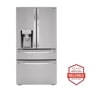Front view of the 30 cu. ft. 36-inch Wide French Door Refrigerator - Stainless Steel - LRMDS3006S. Includes a graphic logo that says, Brought to you by America’s Most Reliable Line of Appliances.