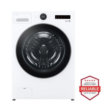 LG WM6700HWA Front Load Washer with black door trim and America's Most Reliable badge - Front View1