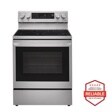 Front view of the 6.3 cu ft. Smart Wi-Fi Enabled True Convection InstaView® Electric Range with Air Fry - LREL6325F. Includes a graphic logo that says, Brought to you by America’s Most Reliable Line of Appliances.