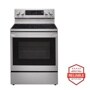 Front view of the 6.3 cu ft. Smart Wi-Fi Enabled True Convection InstaView® Electric Range with Air Fry - LREL6325F. Includes a graphic logo that says, Brought to you by America’s Most Reliable Line of Appliances.