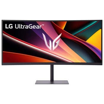LG 34G630A-B 34-Inch UltraGear Gaming Monitor displaying colorful abstract graphics with UltraGear logo on screen - Front View