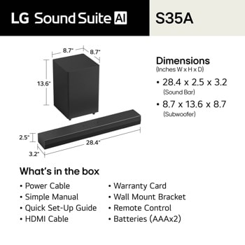 LG S35A Soundbar dimensions diagram showing soundbar (28.4 x 2.5 x 3.2 inches) and subwoofer (8.7 x 13.6 x 8.7 inches) with box contents list