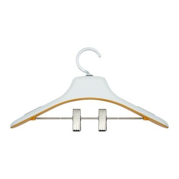 White clothes hanger with yellow interior and metal hook and clips Front View